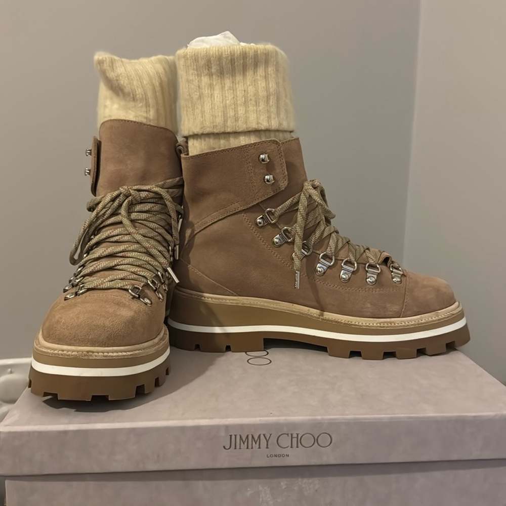 EUC Jimmy Choo Suede Boots with Knitted Sock in color Stone - Size 38.5